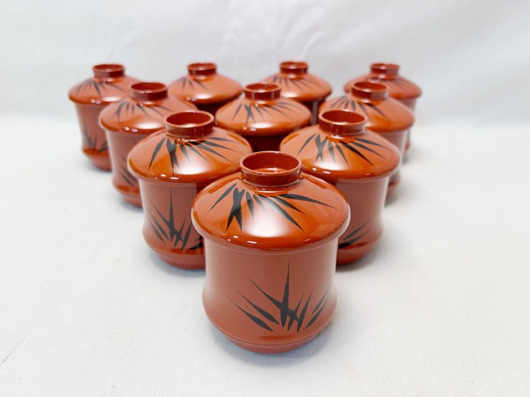 未使用 懐石道具 竹形朱塗箸洗 5客揃 黒竹蒔絵 内黒 和食器 小吸物椀 元箱