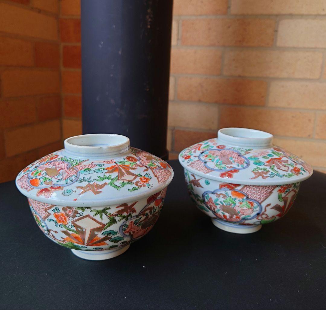 古伊万里　古九谷　江戸時代　鷺絵煮物碗　蓋碗　雑煮碗　染錦　錦彩　手描　色絵金彩