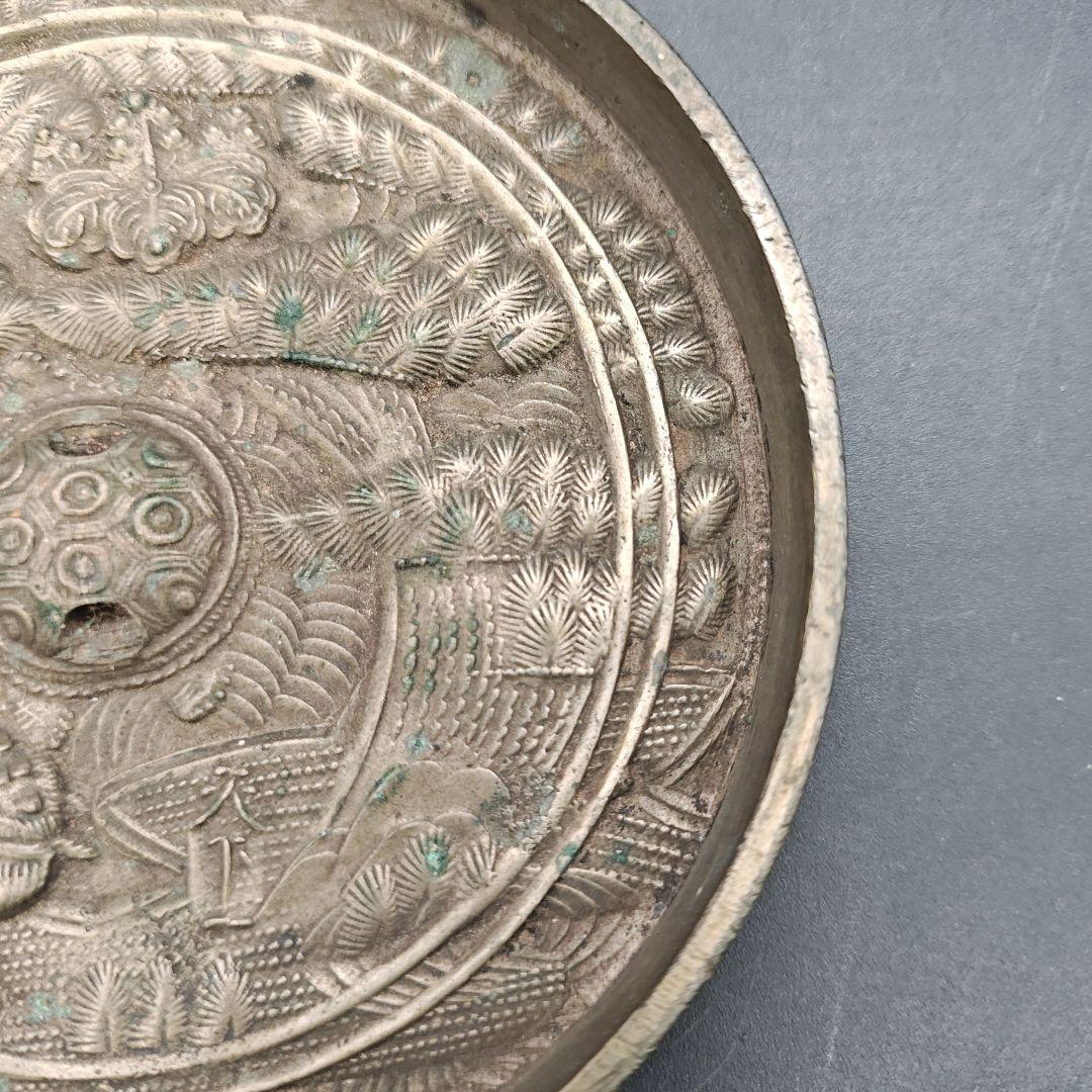 天下一銘　蓬菜鏡　鶴亀松文　古銅鏡　古美術　径約10.7cm×高さ約1.8cm