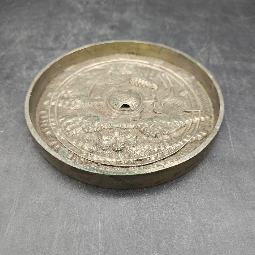 天下一銘　蓬菜鏡　鶴亀松文　古銅鏡　古美術　径約10.7cm×高さ約1.8cm