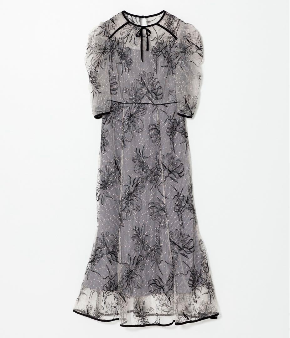 Leja半袖花柄刺繍レースフロントバックリボンパフスリーブマーメイドフレアドレス