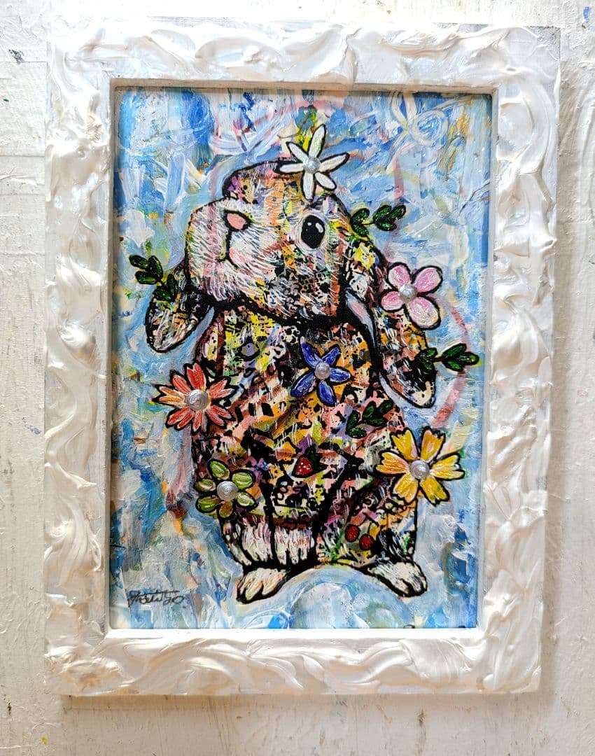 手作り額付き作品 title「静かなる月下の夢ウサギ」