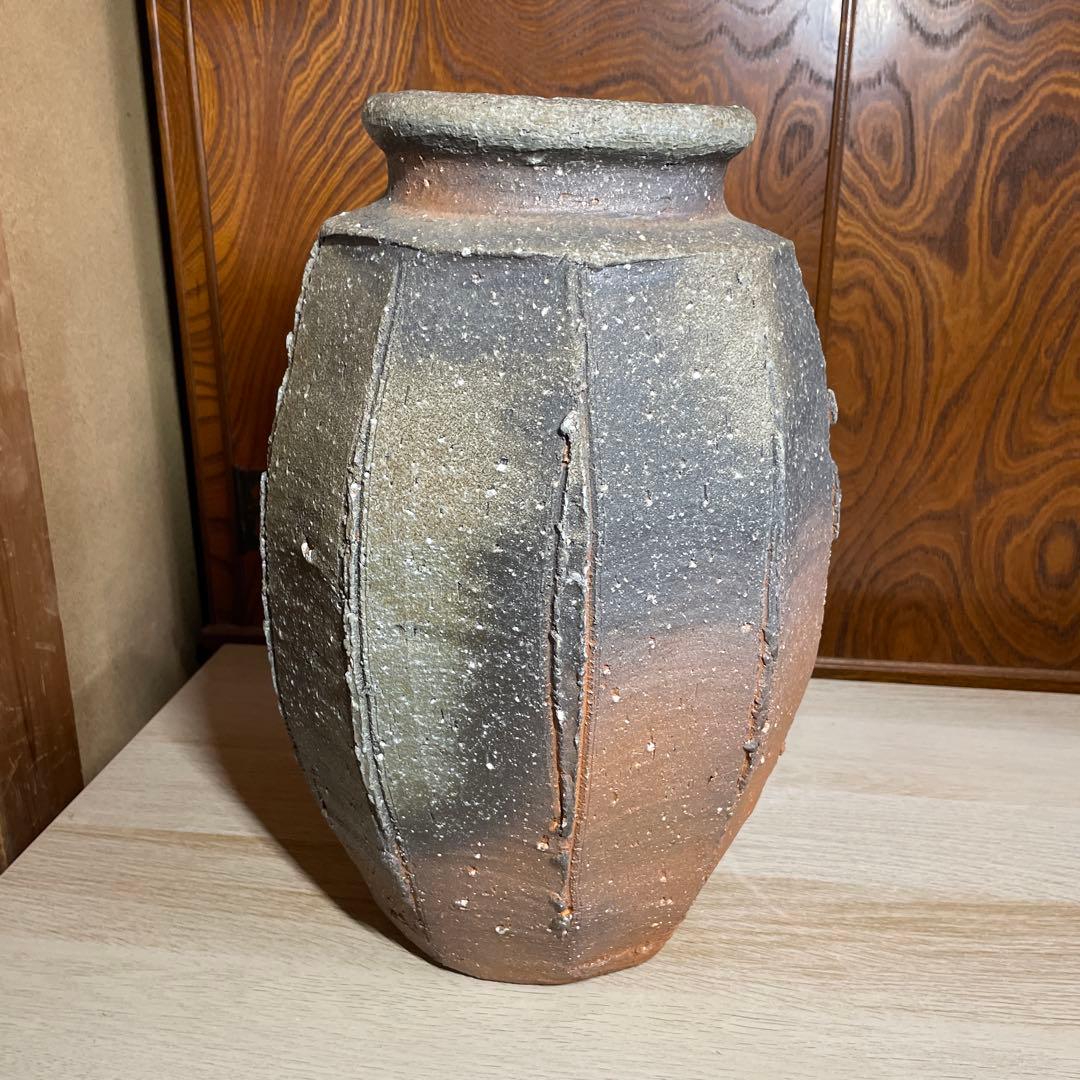 特大優品　人気陶芸家　神山清子　信楽自然釉面取花入　共箱