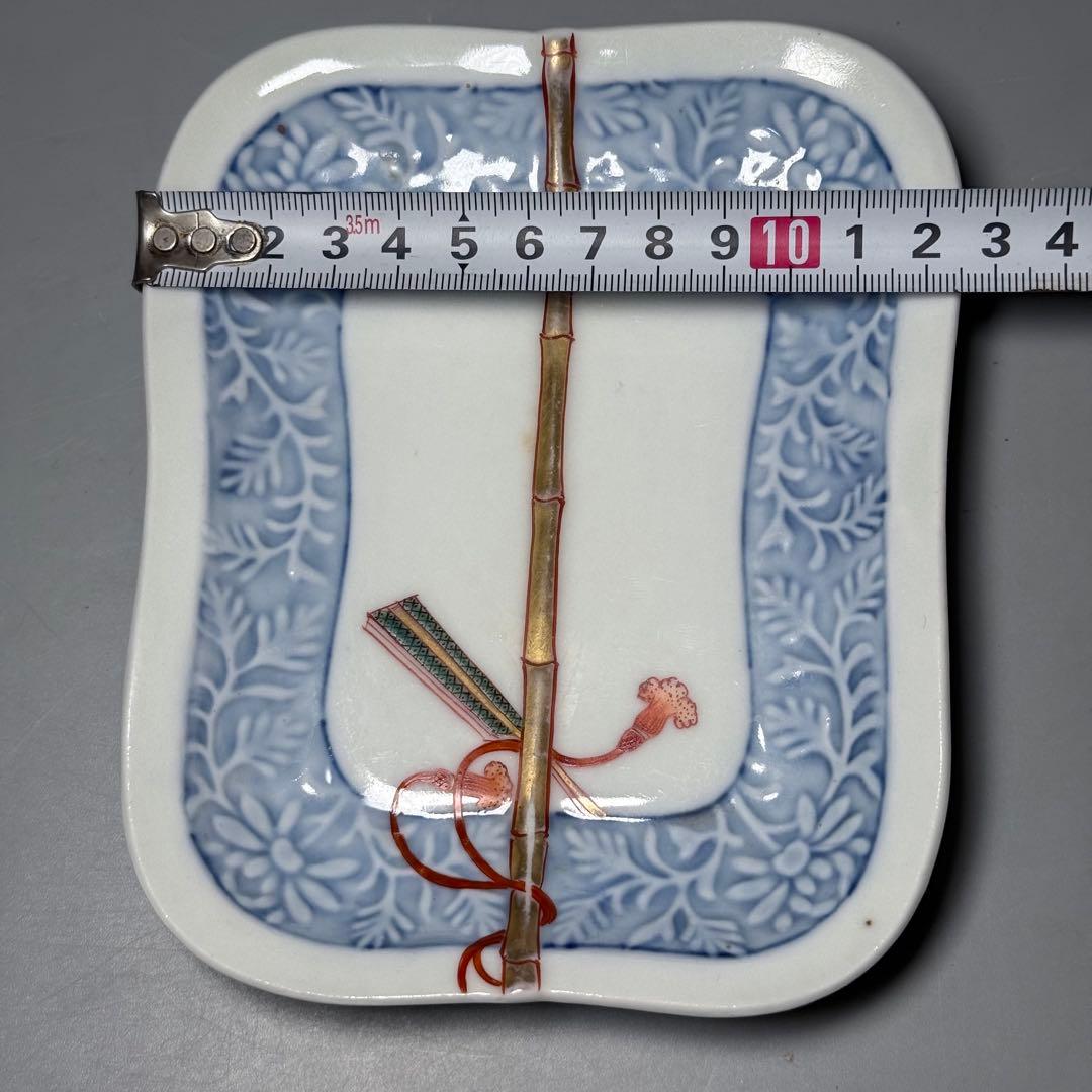 明治時代 有田焼 岩松平吾 色絵軍配形皿 五枚 角岩印 陽刻 珍品 残り