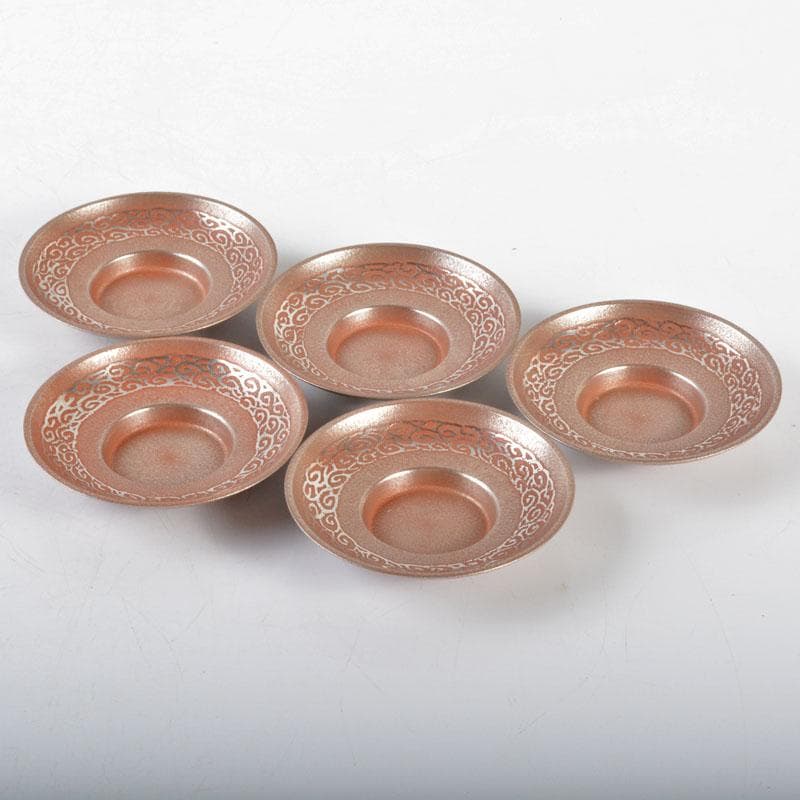 煎茶道具　吉村志扛造　純錫赤漆円式　托子　茶托　五客　共箱　M　R4708