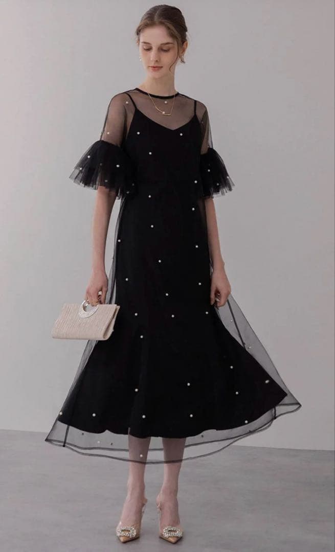 leja ティアードフリルスリーブパールワンピースドレス　Mサイズ セール】【LEJA】ティアードフリルスリーブレイヤードパールワンピース