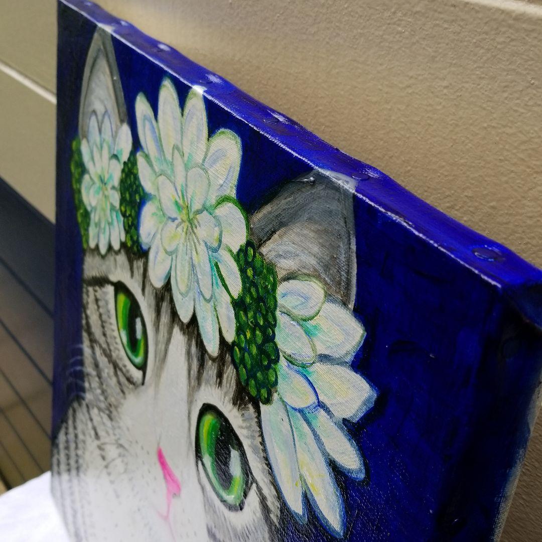 油絵 専用 花冠の猫 サバトラ白ちゃん
