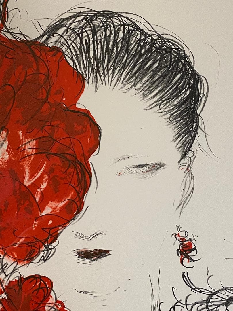 真作」天野喜孝「朱夏花－あかいはな－」額装 版画 32/100 直筆サイン入り