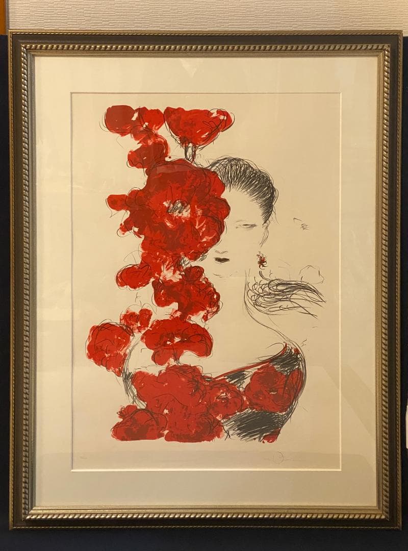 真作」天野喜孝「朱夏花－あかいはな－」額装 版画 32/100 直筆サイン入り