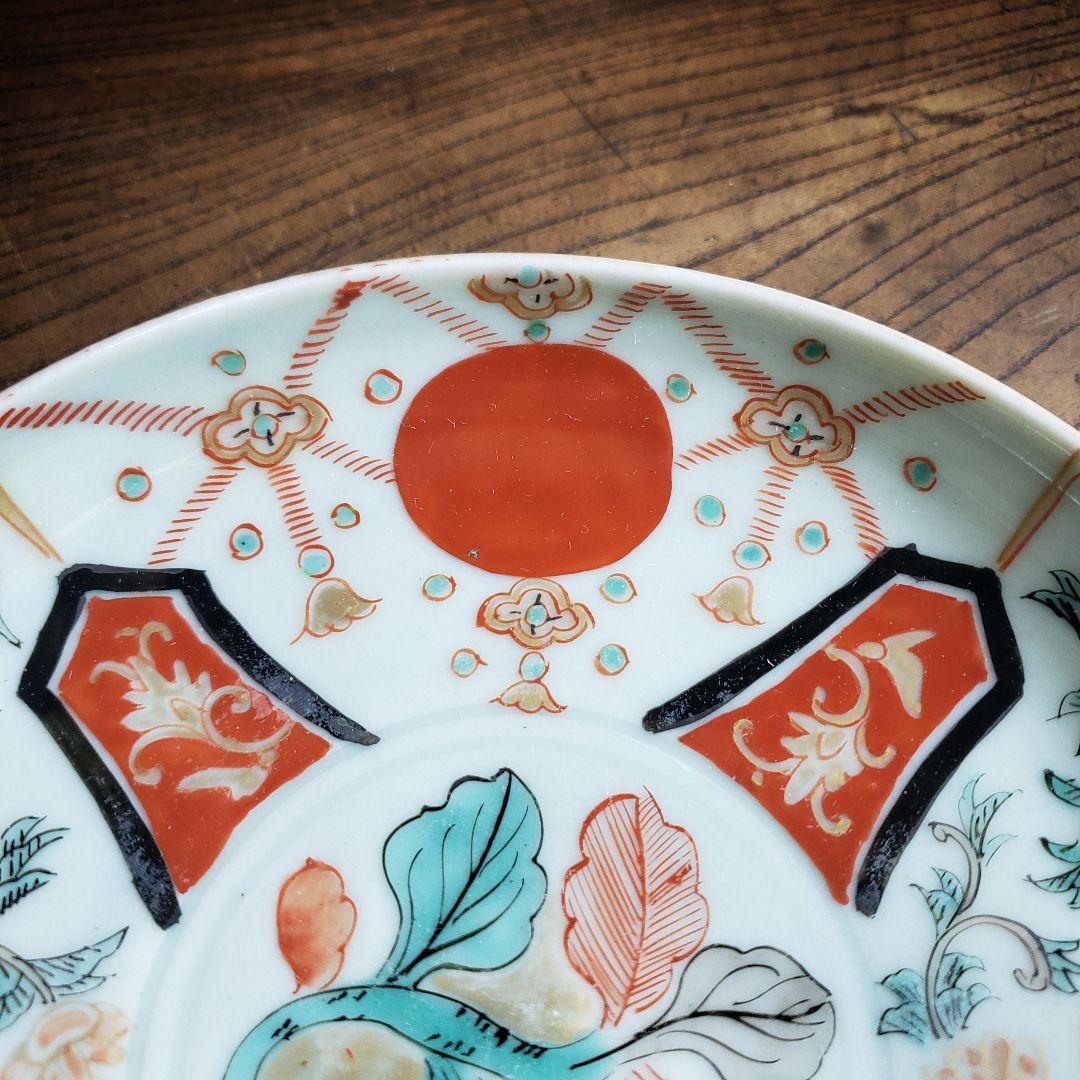 古伊万里　色絵付　中皿　赤絵　薄緑　草文様　希少図　トリアシ　ロ号　明治