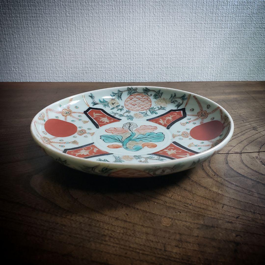 古伊万里　色絵付　中皿　赤絵　薄緑　草文様　希少図　トリアシ　ロ号　明治