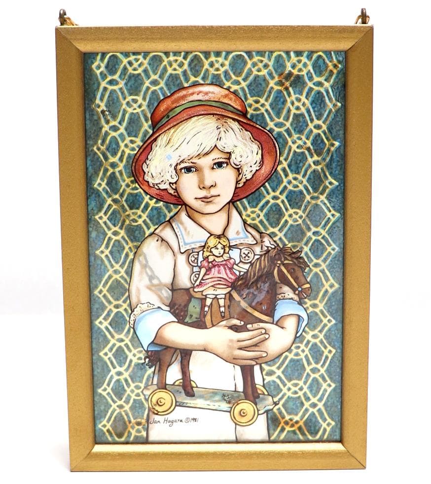 ジャン・ハガラ 帽子の少女と馬の人形 ヴィンテージ ステンドグラス