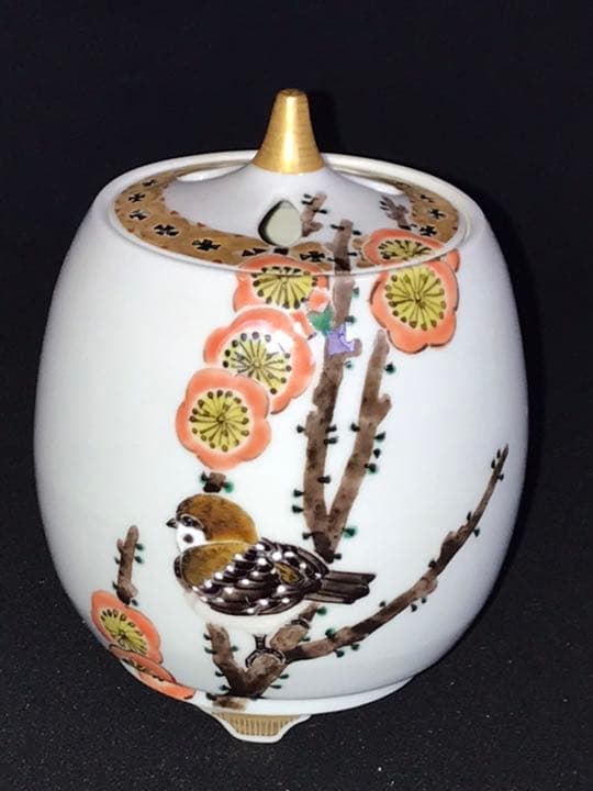 九谷焼　武腰一憲【香炉　梅鳥の図】共箱 共布 陶暦　未使用品 K225