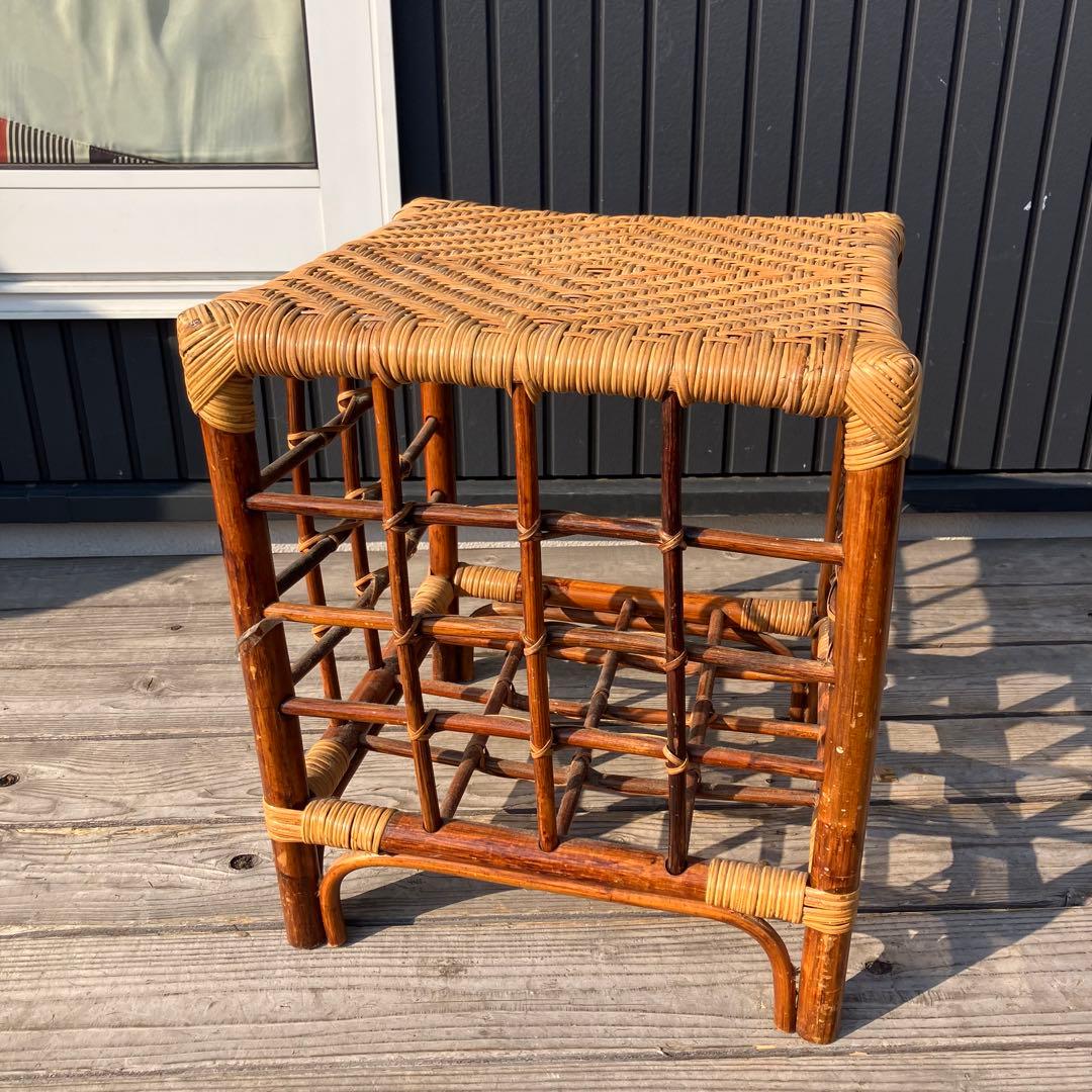 昭和レトロ 四角スツール ラタンスツール 格子型 腰掛け 古家具 ビンテージ