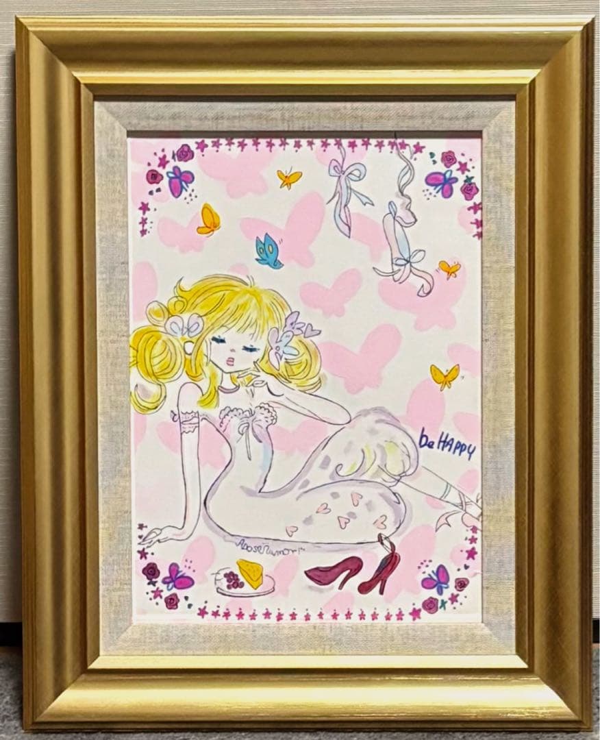 F4号】手描き油彩画 水森亜土 額縁 未使用額 絵画 サイン 人気作家