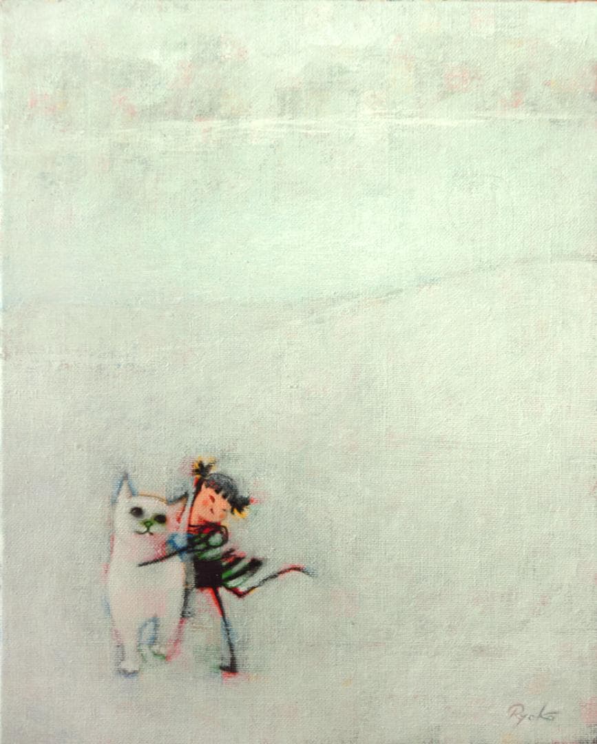 油絵 菅家令子 絵 絵画 インテリア 額付(白) F3-091918 子猫女の子