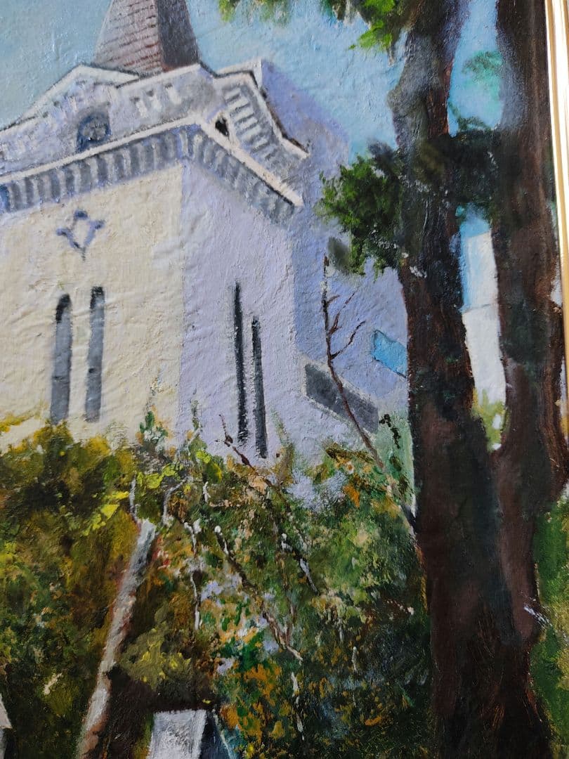 額縁入り　オリジナル肉筆油絵　F6号　　“横浜・海岸教会”　　古キャン使用