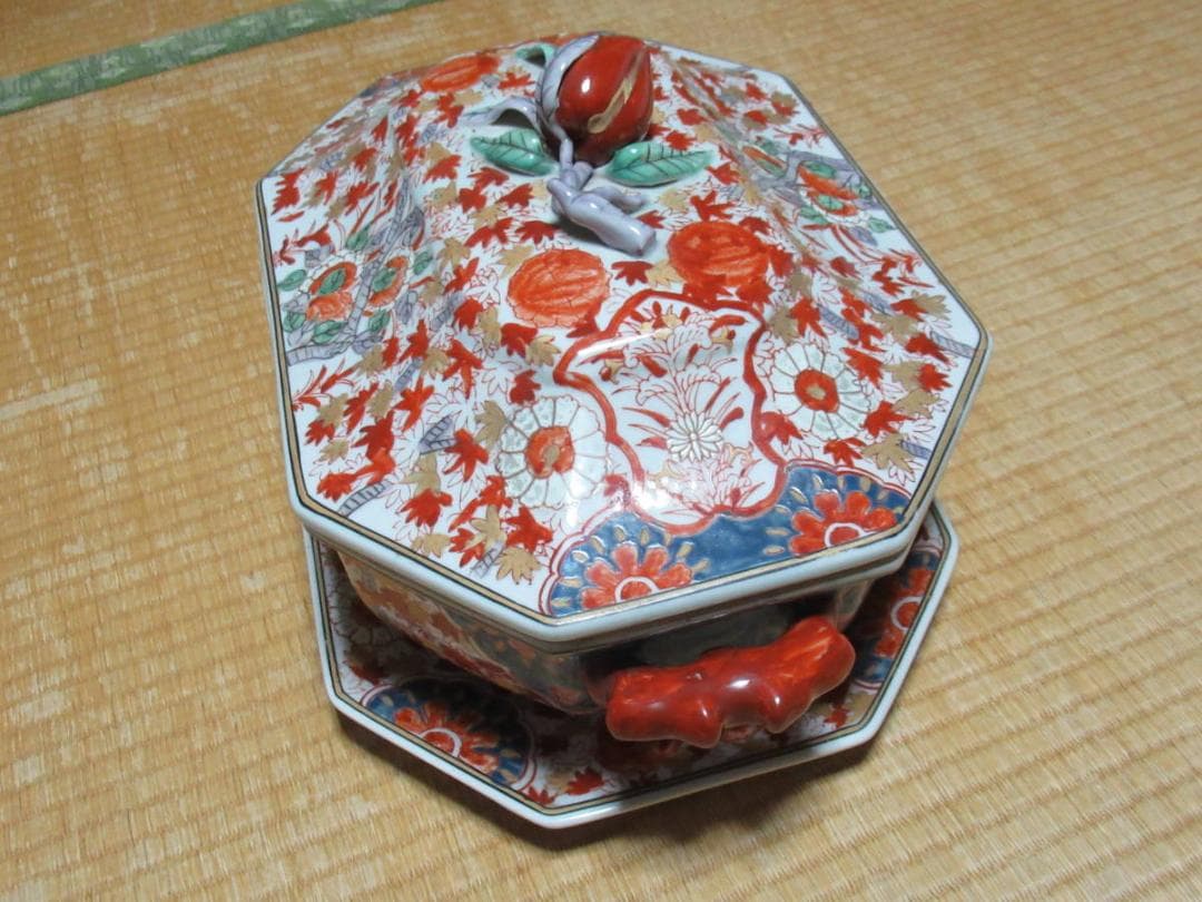 ◆極希少 江戸幕末！古伊万里 染錦(紅葉/桃/菊) 手持ち造形桃蓋付 チュリーン