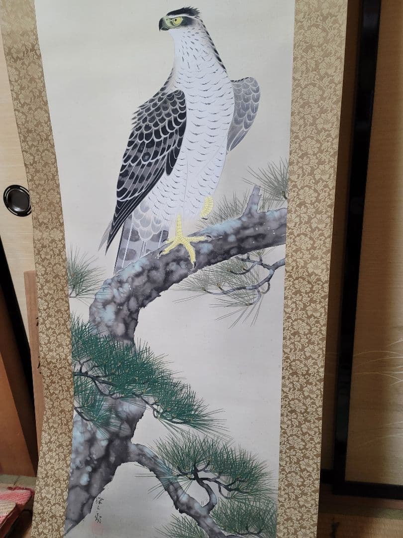 安来出身 画家 野々内安太郎 共箱 松に鷹