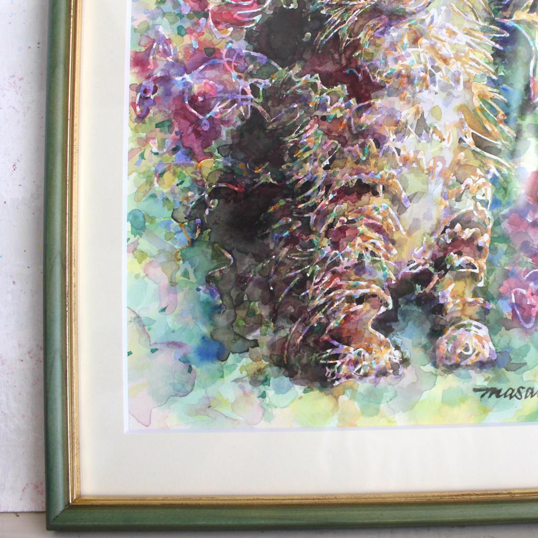 水彩画 原画 額付き「花の香り」F4 猫の絵 猫の絵 水彩画 原画