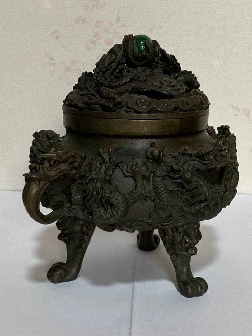 中国古玩 古銅製 麒麟香炉 細密彫刻 霊獣 瑞獣 香道具 唐物 古美術