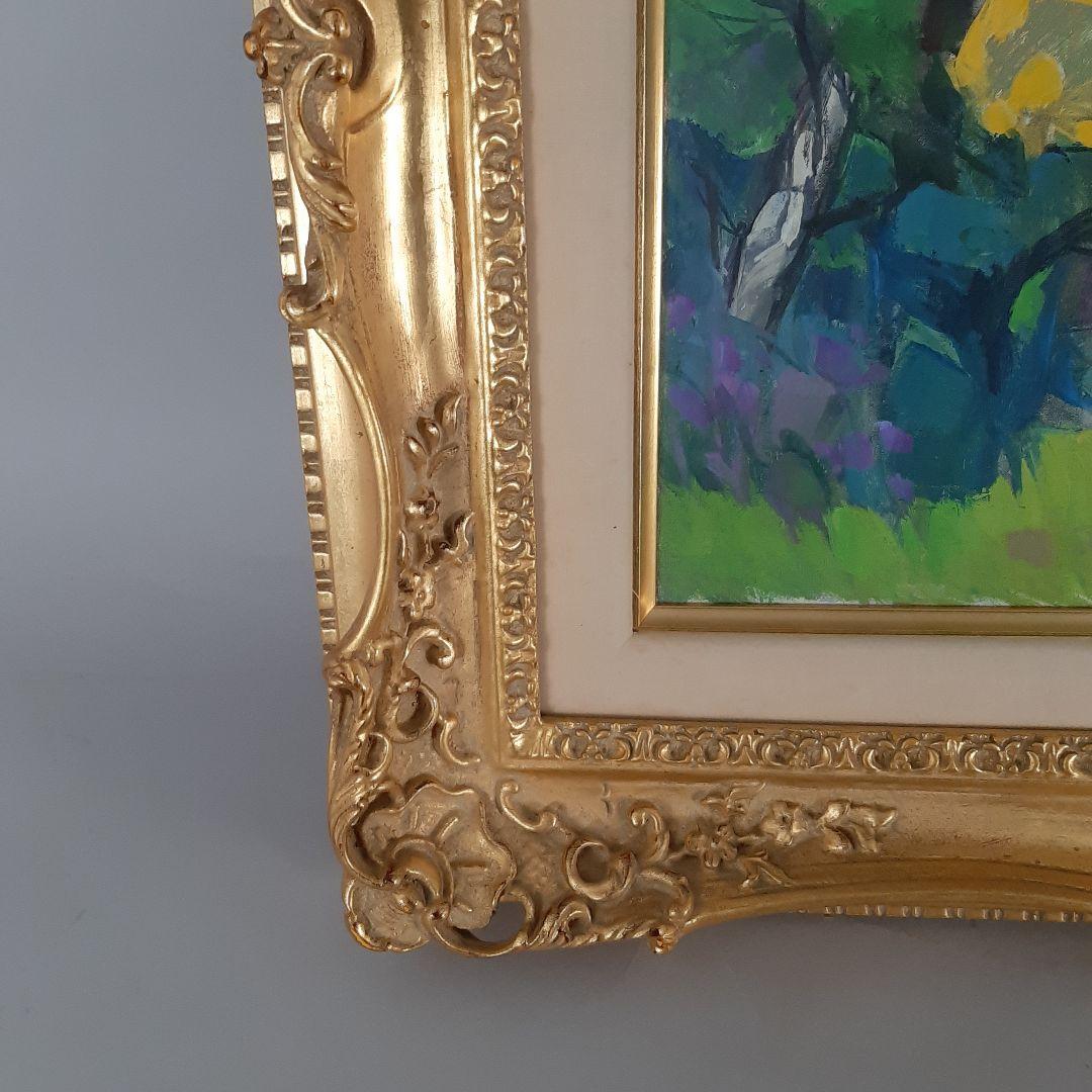 No4605 額装菅野矢一「教会の春」油彩画直筆サイン箱付絵画送料無料