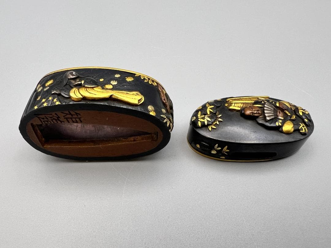 【海】江戸後期屈指名工！浜野矩随！『矩随』在銘 赤銅人物高彫金銀象嵌 縁頭 超絶