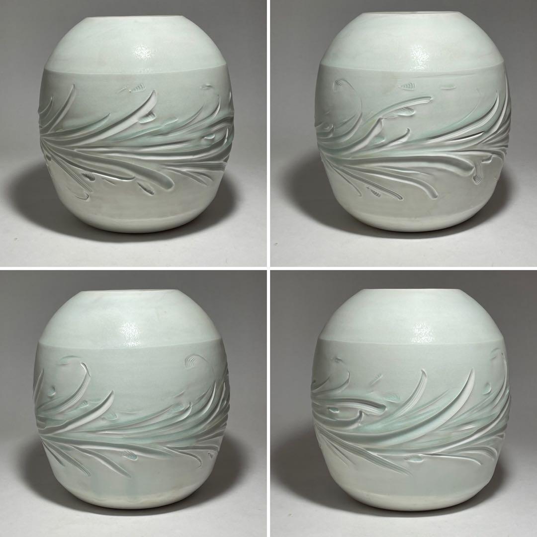 ◇ボストン美術館所蔵陶芸家【叶光夫】造 白瓷刻文花瓶 共箱・