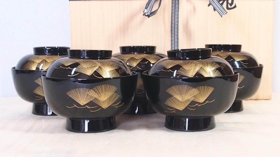 未使用】輪島塗 五島屋謹製 西岡勇人作 寿松沈金 煮物椀 5客