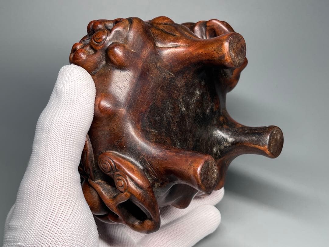 古美術 紫檀 黄花梨 木製香炉 手彫り 寿桃靈芝紋 香道具 三足 唐木