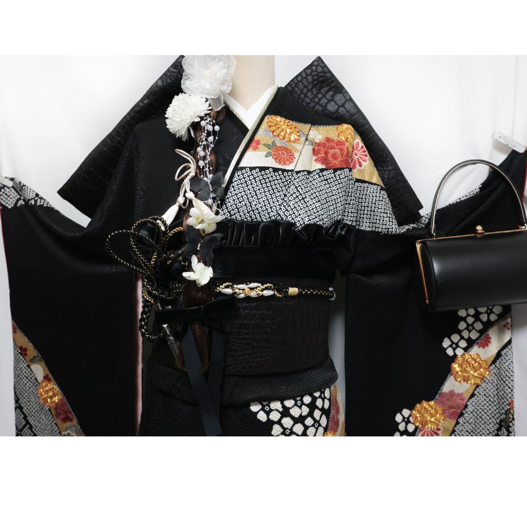 黒系絞り◇ 振袖セット163.5cm ◇成人式古典フルセット正絹ブラック