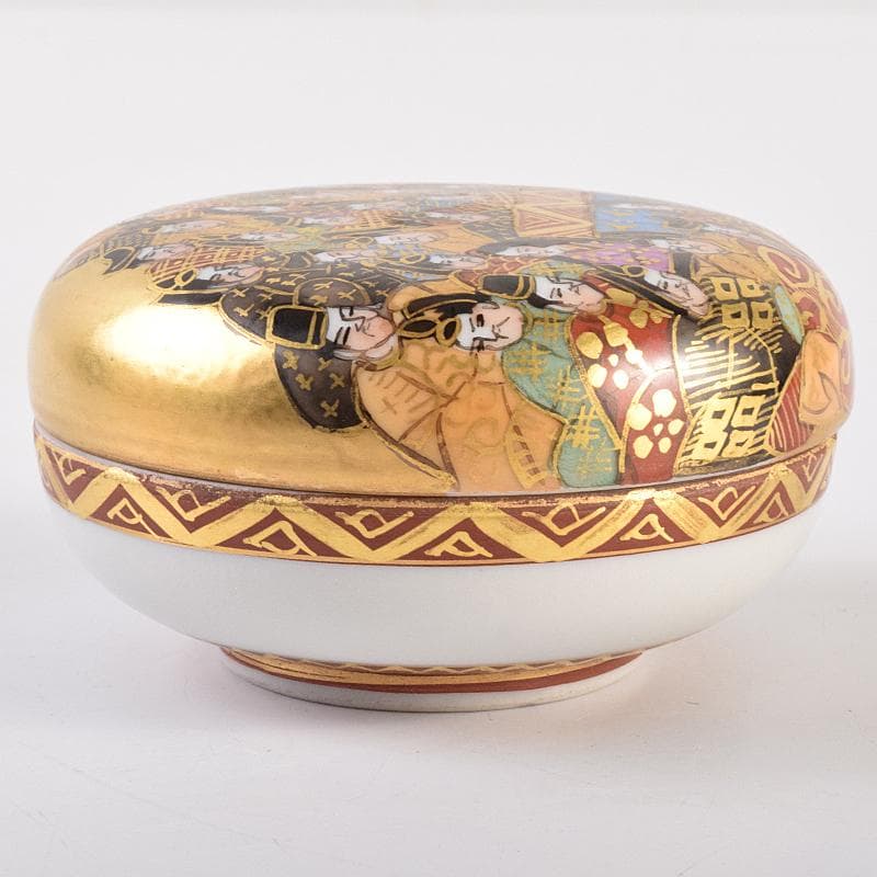 九谷焼　二代目　岳陽作　色絵金彩細字　三十六歌仙　香合　共箱　M　R7585