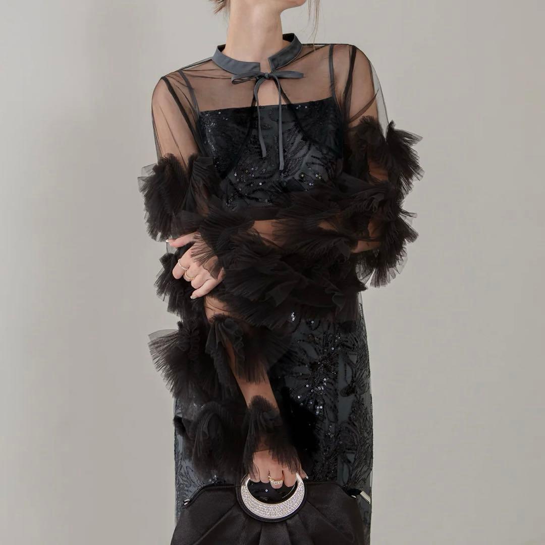 leja レジャ フリルチュールスリーブリボンIラインワンピースドレス