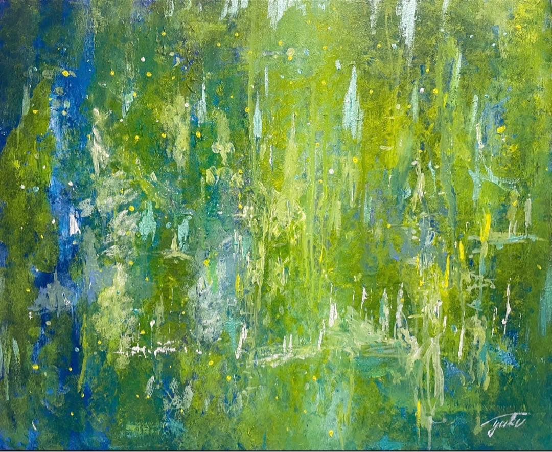 原画　73×60cm「美しき緑の星」現代アート　額縁付