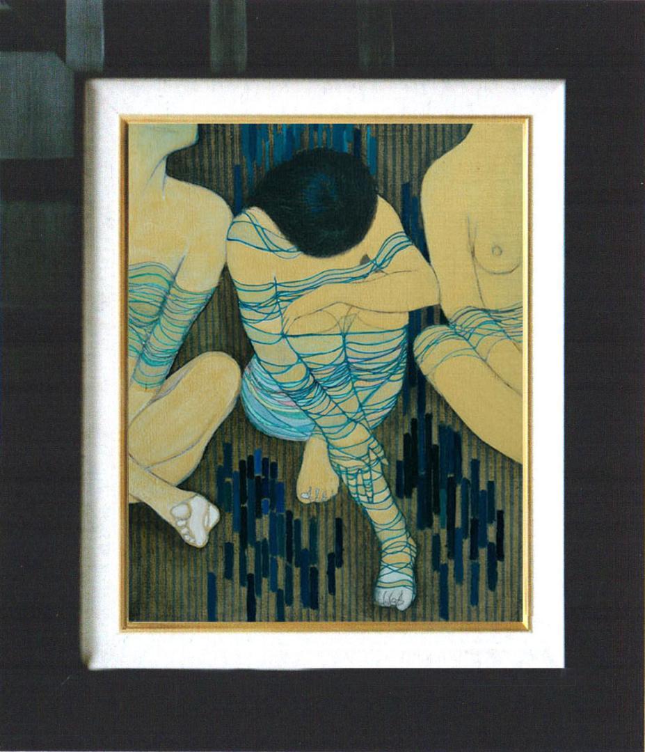 油絵 菅家令子 絵 絵画インテリア額付(青緑＋金色の枠) F6-030314女性