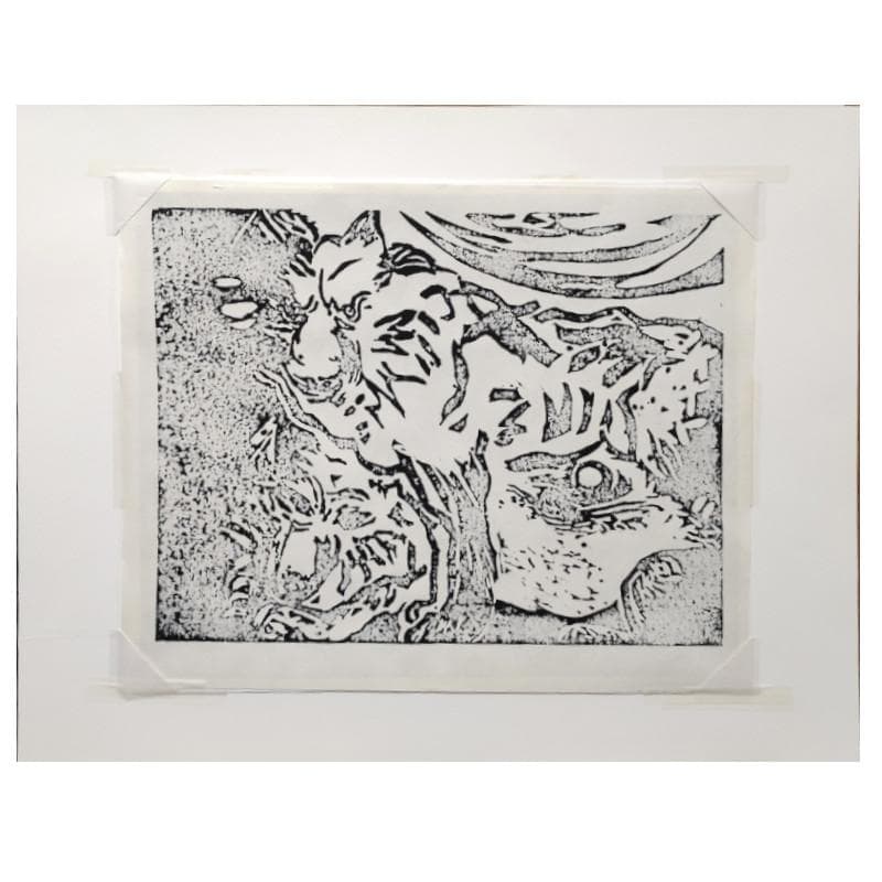 ☆ 大島 龍 ☆「オオカミ（仮題）」木版画 1992年制作 MO判 未使用額