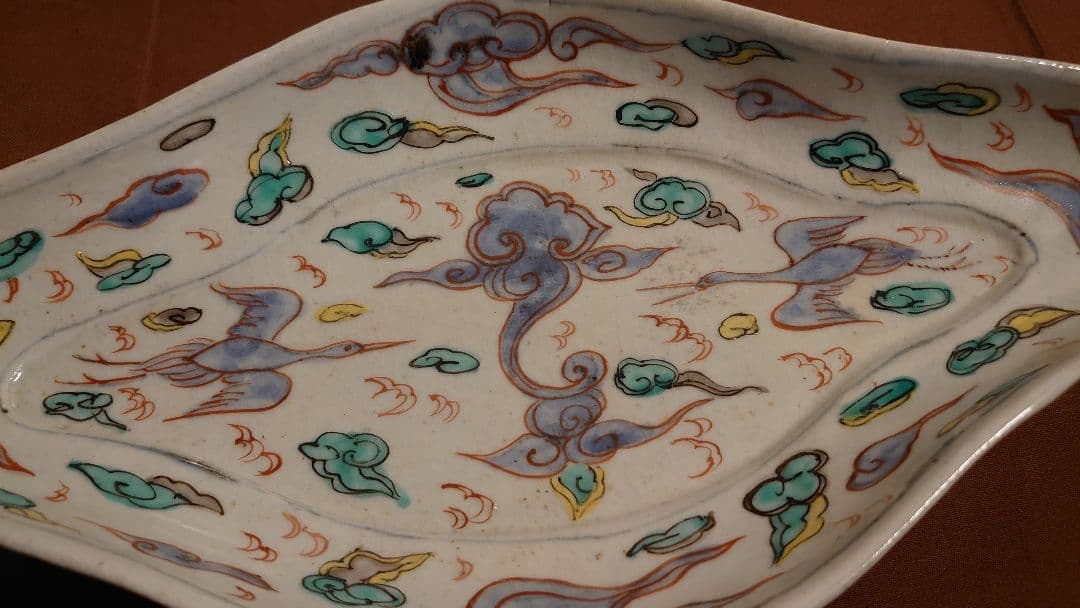 古九谷古伊万里菱形色絵鶴の図九谷焼美術館展示1客