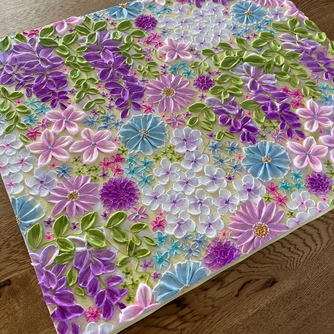 花柄アクリル絵画 藤の花 藤 藤の絵 藤柄 テクスチャーアート ボタニカル