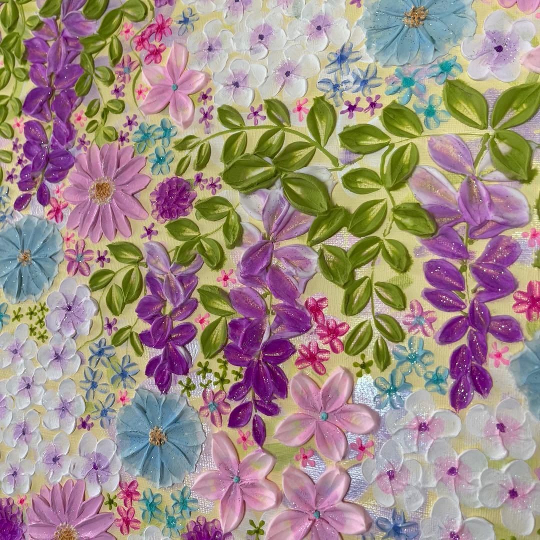 花柄アクリル絵画 藤の花 藤 藤の絵 藤柄 テクスチャーアート ボタニカル