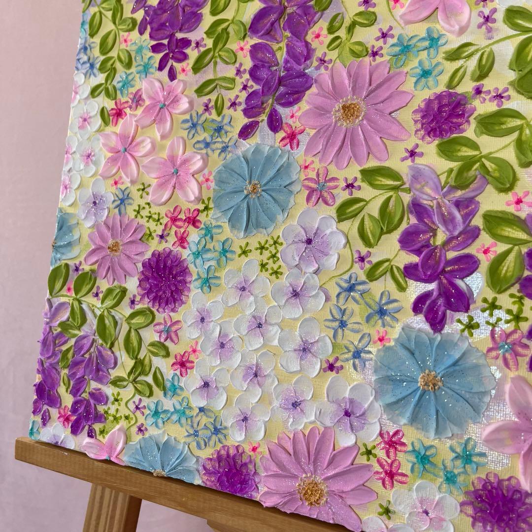 花柄アクリル絵画 藤の花 藤 藤の絵 藤柄 テクスチャーアート ボタニカル