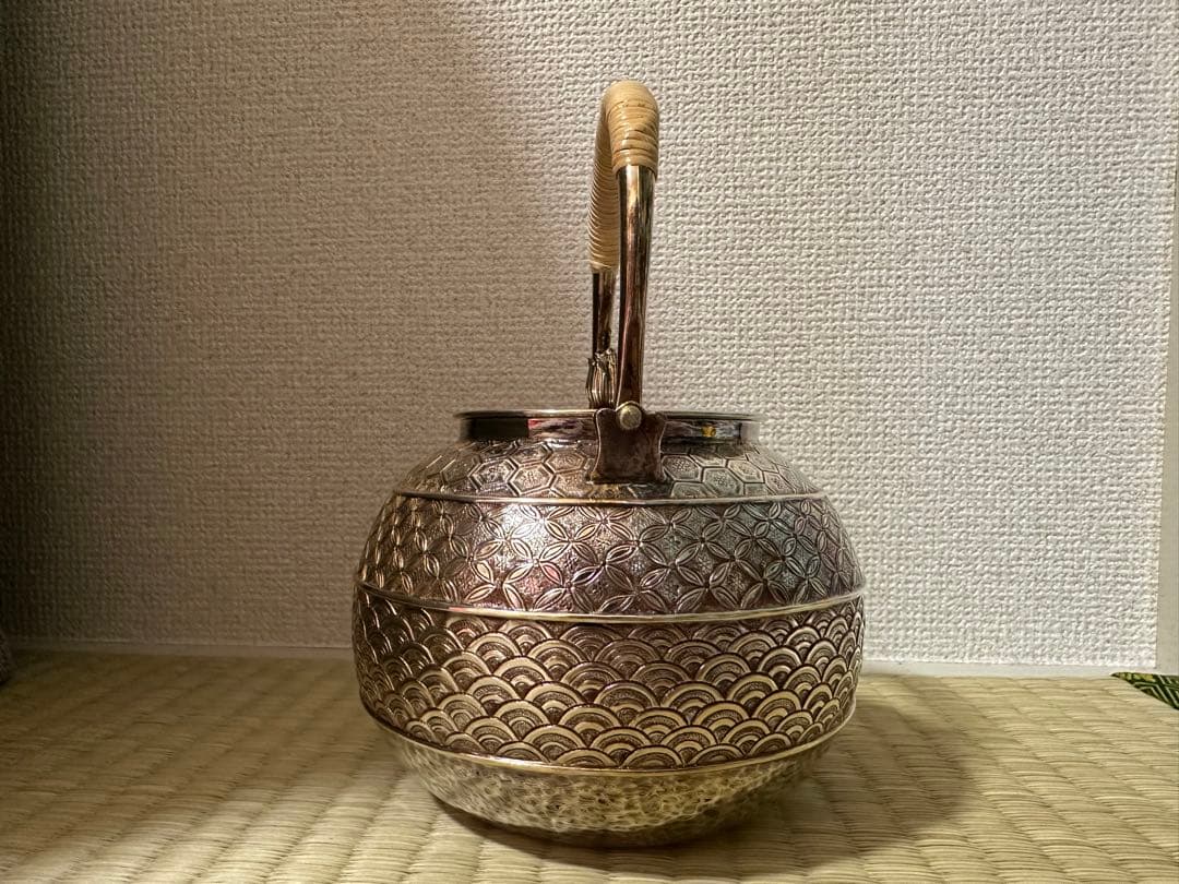 純銀製 金蘭模様彫 蕾摘 湯沸 銀瓶 工芸品 美術品 煎茶