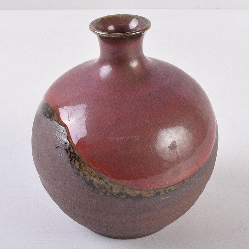 人間国宝　濱田庄司作　辰砂釉　丸壷　共布共箱　V　R8910