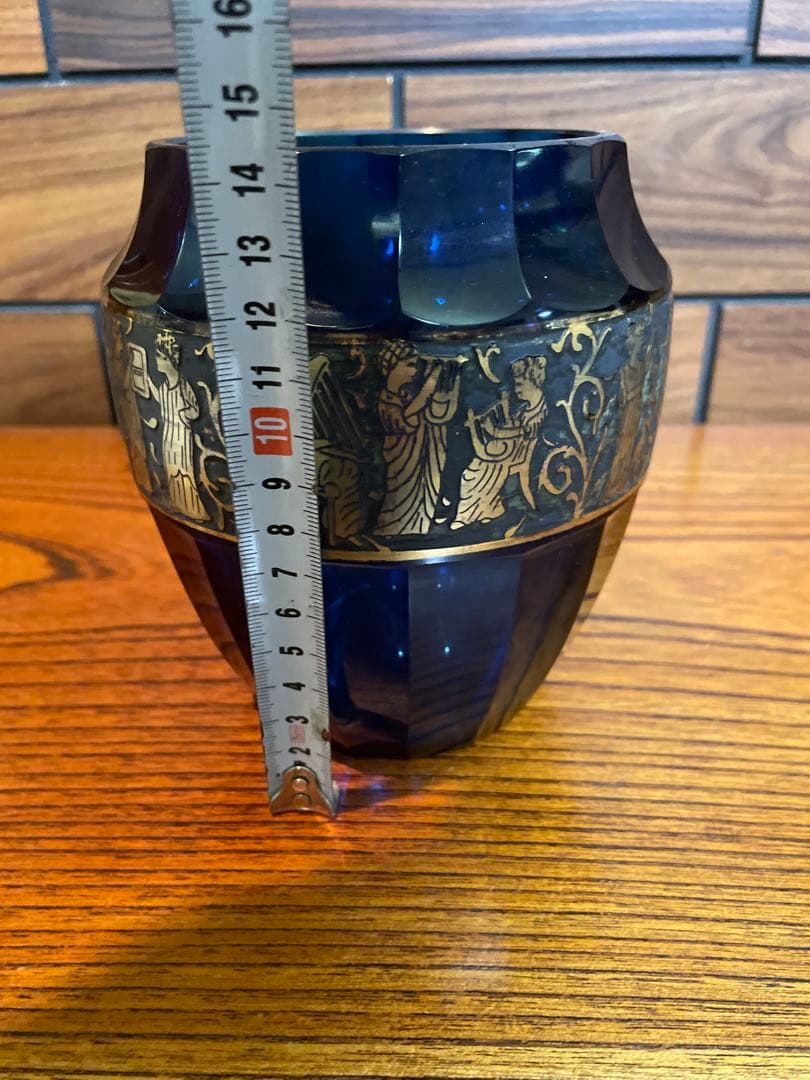 オールドモーゼル 花瓶 クリスタルガラス 金彩パチネ コバルトブルー