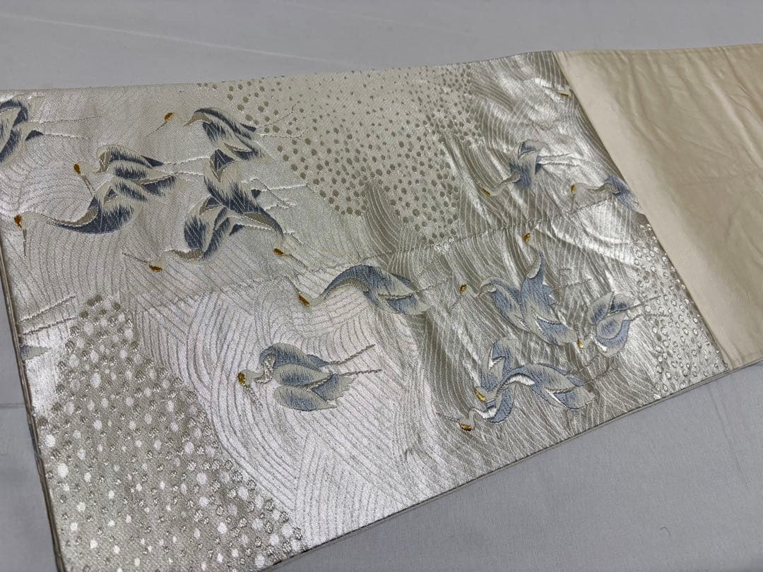 A ◇着物くつろぎ 波に鶴模様 金銀糸 正絹 六通 袋帯 O10 - メルカリ