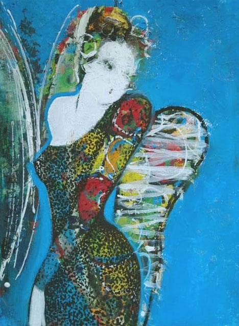 油絵 菅家令子 絵 絵画インテリア額付(青緑＋金色の枠)uF6-010511女性