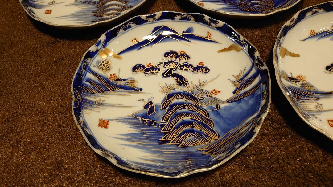 古伊万里　伊万里　中皿　色絵　金襴手　蔵出し　山水　５客