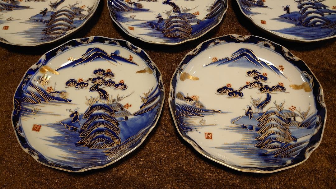 古伊万里　伊万里　中皿　色絵　金襴手　蔵出し　山水　５客