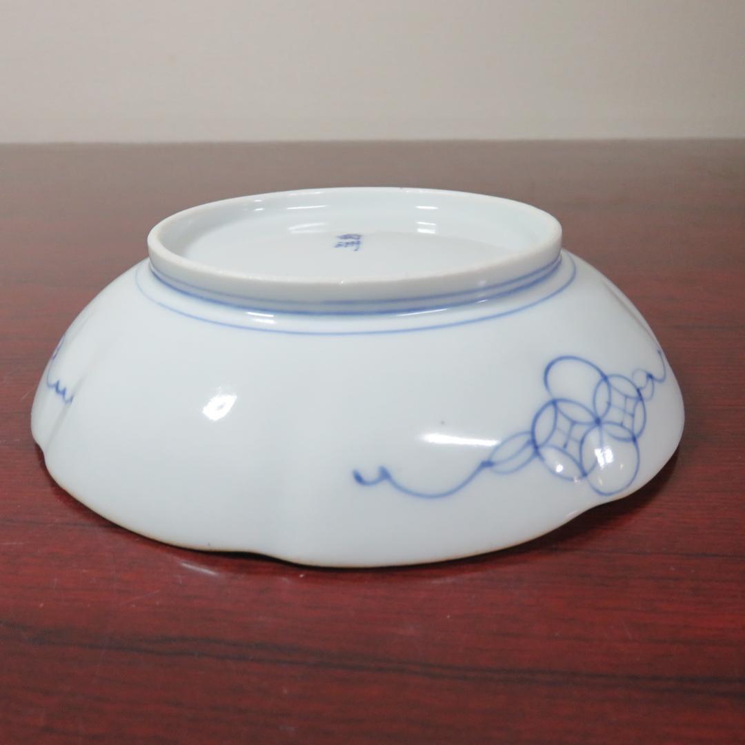 小皿 3枚 梅文様 花弁縁 染付 色絵付 茶縁 南州 明治