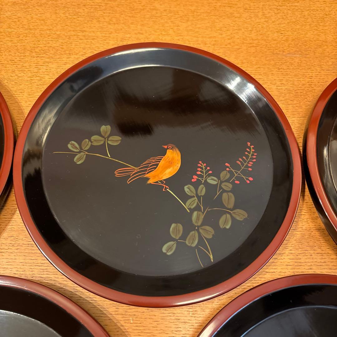 輪島塗 鳥 5枚 別柄 手書き 漆器 昭和初期 新品未使用品