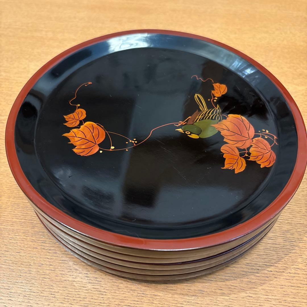 輪島塗 鳥 5枚 別柄 手書き 漆器 昭和初期 新品未使用品